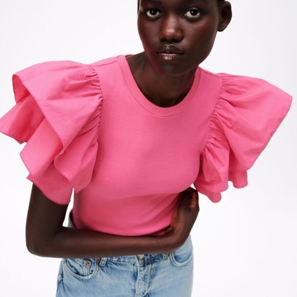 Pink ZARA Ruffle Sleeve Rib Knit Bodysuit Top (NWT) - Picture 3 of 8